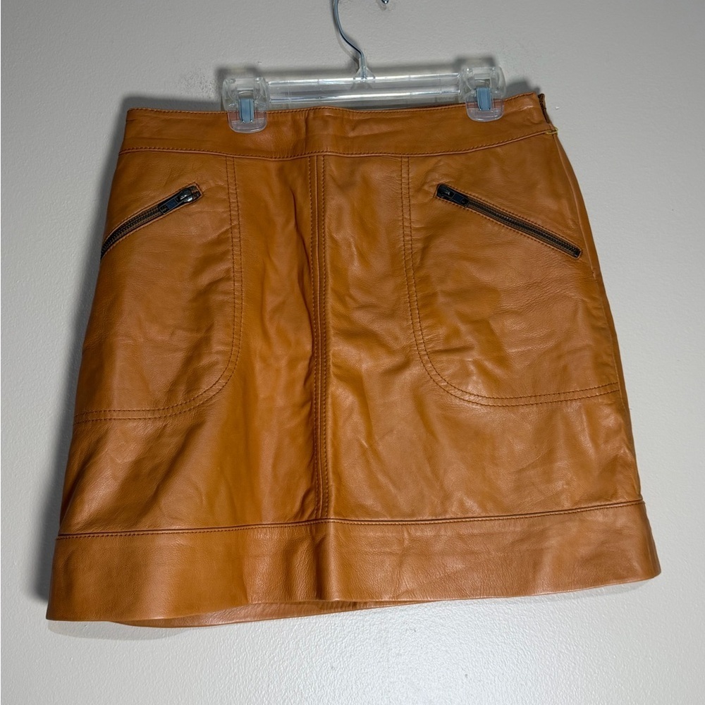Halogen Cognac Leather Mini Skirt with Zip Pockets